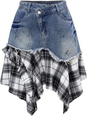 Plus Size Plaid Denim A-Line Skirt | Grunge Punk Style | Trendy Casual Wear